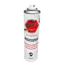 Aerosolburk Quit-it insektspray mot flygande insekter, vit flaska med r�d etikett och bilder p� fluga och geting