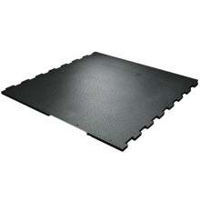 Svart gummimatta med pusselkanter och strukturm�nster, utformad f�r stall- eller industrigolv