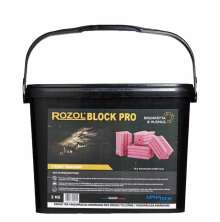 Svart hink med handtag och etikett f�r Rozol Block Pro, r�tt- och musgift i form av rosa block, 3 kg
