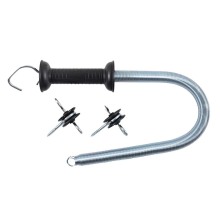 Fj�dergrind med svart plast-handtag, metallfj�der och tv� isolatorer f�r elst�ngsel