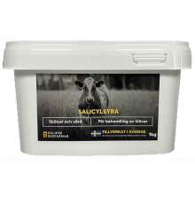 Vit plastburk med etikett f�r Salicylsyra 1 kg, anv�nds f�r behandling av kl�var p� n�tboskap