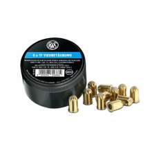 F�rpackning med RWS 9x17 bl� slaktpatroner f�r bed�vning av n�tkreatur och suggor, 50 st patroner i plastburk med l�sa patroner bredvid