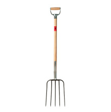 G�dselgrep med fyra helsmidda st�lklor, tr�skaft i ask och D-handtag � h�llbart redskap f�r lantbruk och stallarbete