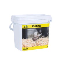 Trinol Flybait Sojet 1 kg flugbete f�r effektiv flugbek�mpning i stall och inomhusmilj�er, plastburk med handtag och etikett med fluga.
